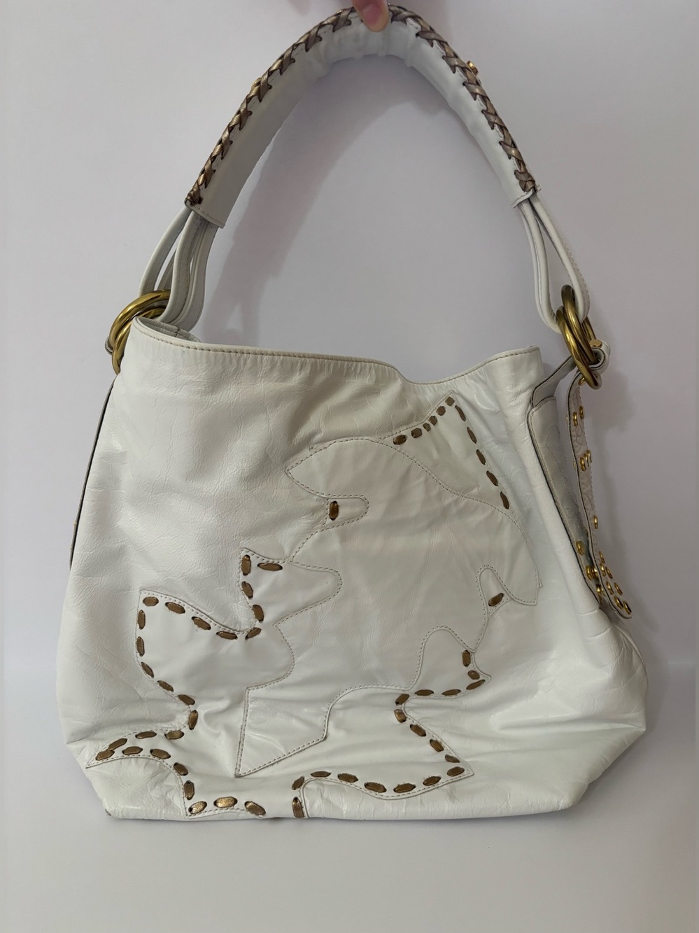 Cocoblanco White Leather Hobo Bag with Gold Contrast Stitching